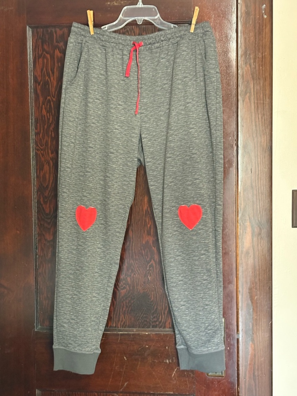 LuLaRoe Gray Joggers with Red Heart Knee Patches